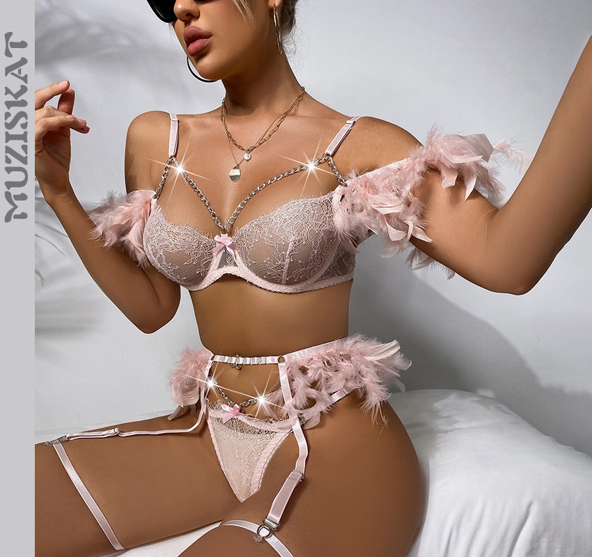 MUZISKAT Ultra Thin Lace Lingerie Sets Garter Belt for Women  Eroctic Feather Bra Affordable Luxury Lingerie Sexy Porn Suits